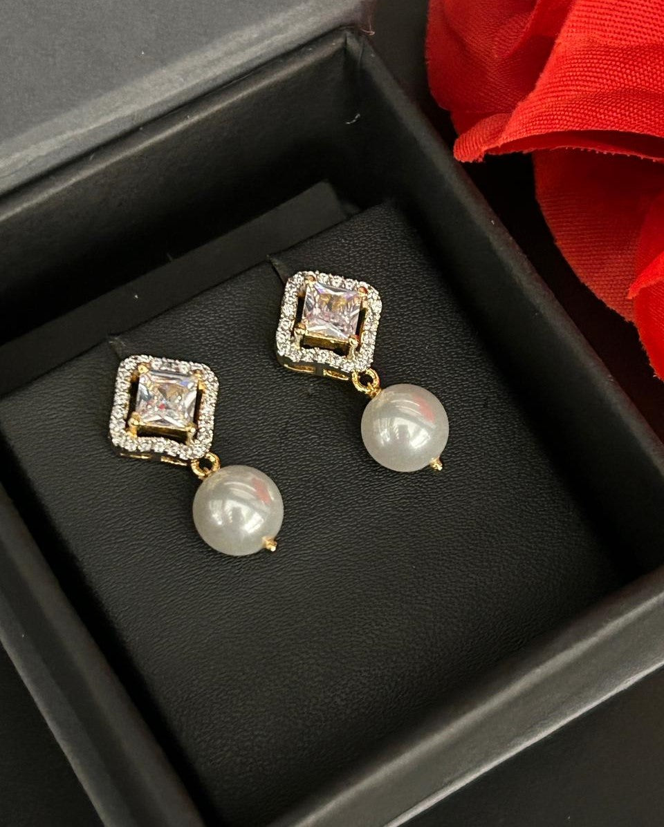 Premium Pearl Drop Diamond Earrings for Women | Princess Cut Stone Gold Polish Elegant Earrings