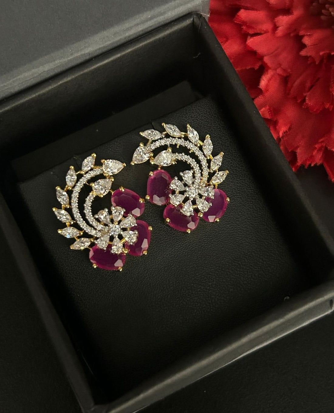 Premium Ruby &amp; Emerald Floral Diamond Statement Earrings for Women | Party Wear Designer Earrings