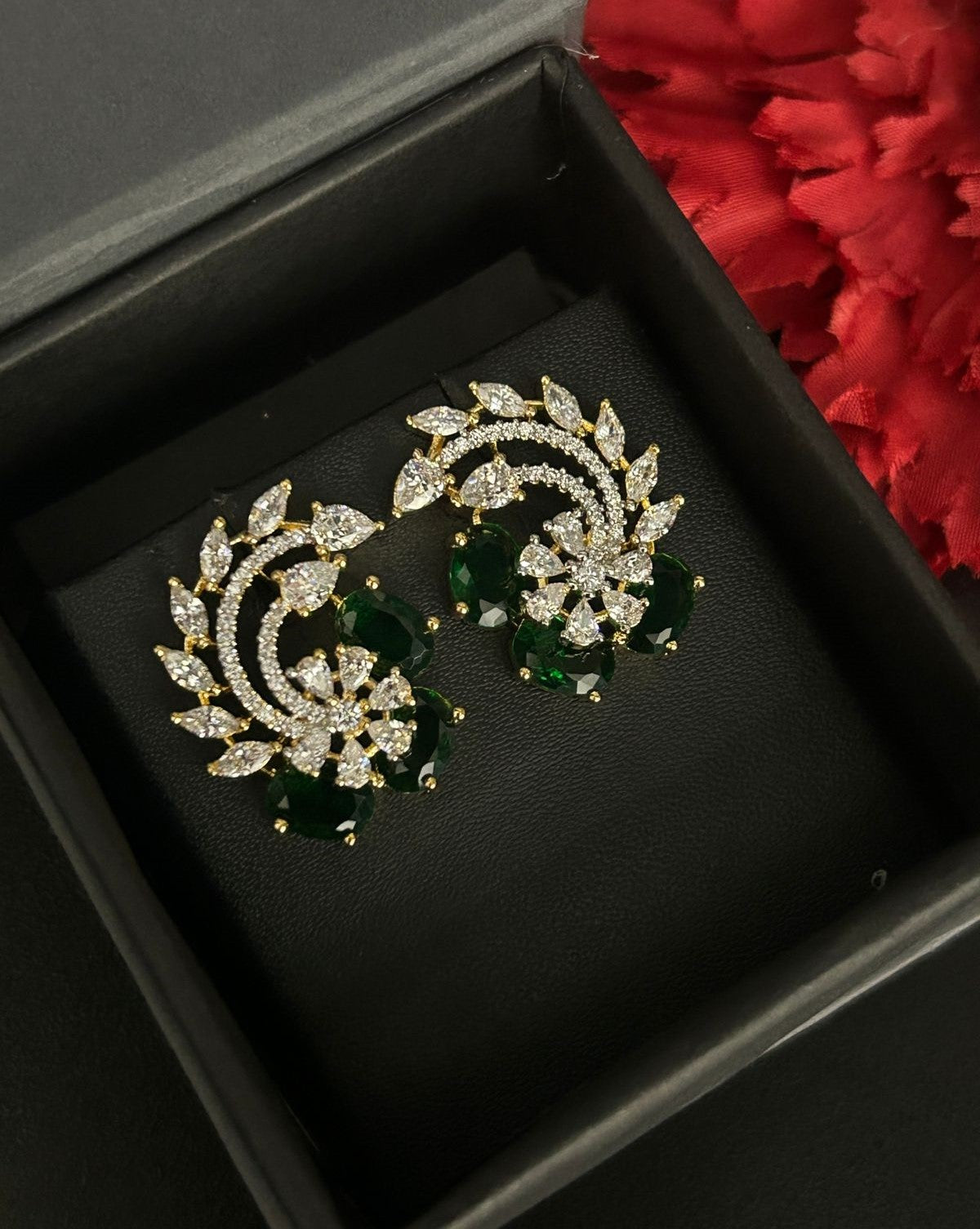 Premium Ruby &amp; Emerald Floral Diamond Statement Earrings for Women | Party Wear Designer Earrings