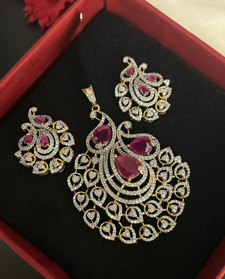 Premium Royal Teardrop Diamond Pendant Set with Ruby/Green Stones Variants