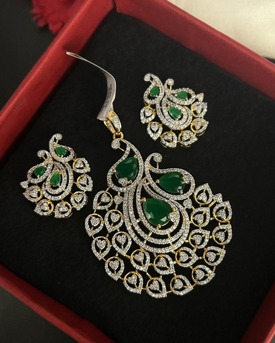 Premium Royal Teardrop Diamond Pendant Set with Ruby/Green Stones Variants