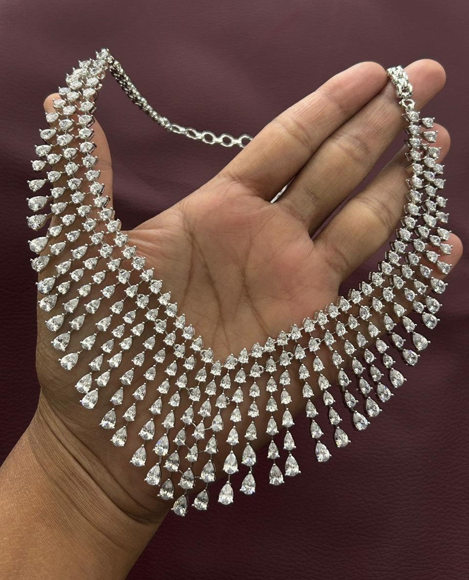 Luxury Diamond Waterfall Bridal Necklace Set with Long Drop Earrings