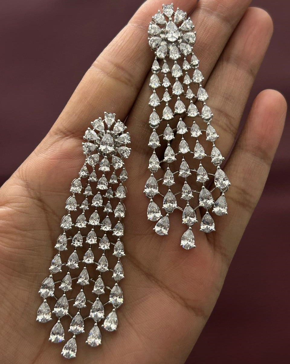 Luxury Diamond Waterfall Bridal Necklace Set with Long Drop Earrings
