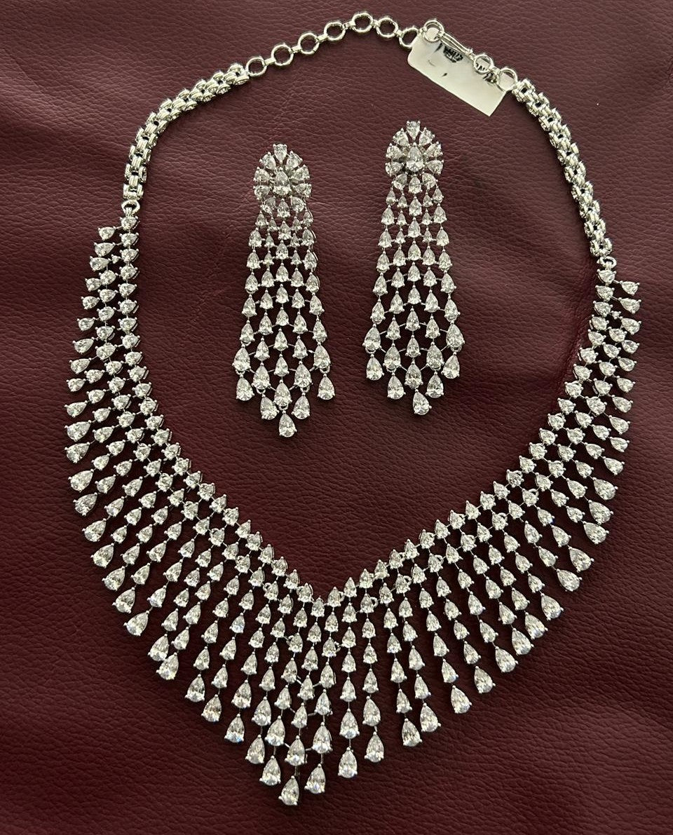 Luxury Diamond Waterfall Bridal Necklace Set with Long Drop Earrings