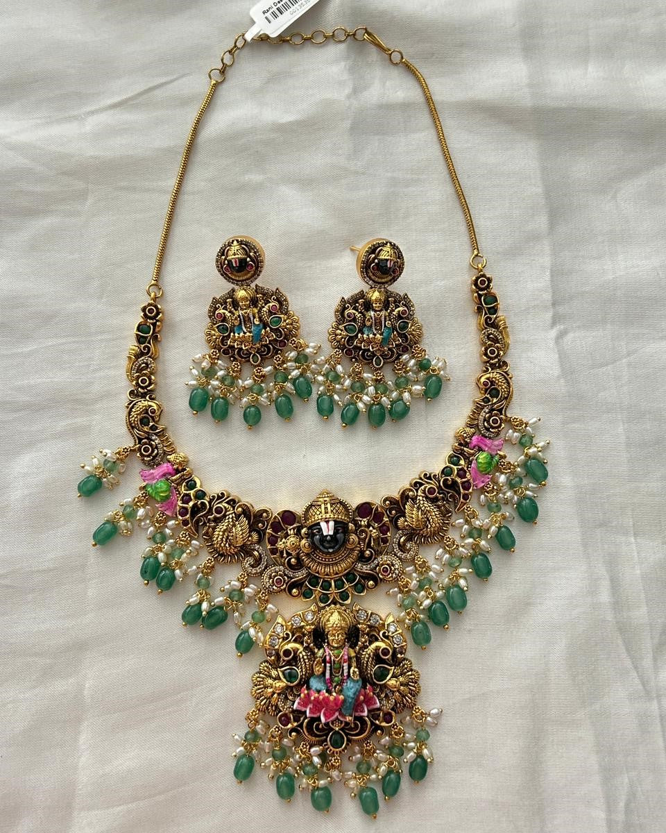 Antique Temple Lakshmi Necklace Set with Green Beads & Earrings