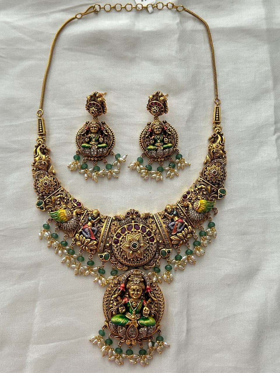 Antique Lakshmi Temple Necklace with Pendant & Matching Earrings