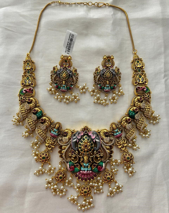 Antique Temple Elephant Lakshmi Necklace Set with Pearl Hangings