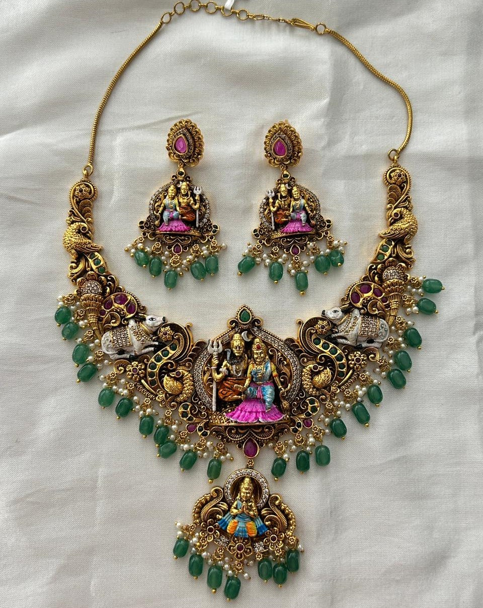 Antique Shiv Parvati Temple Necklace Set with Nandi Motif & Green Drops