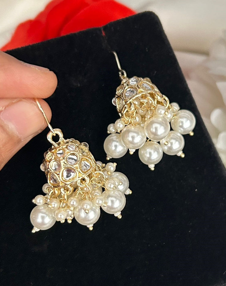 Polki Dome Jhumka Earrings with Bead Drop Hanging (Pink & Pearl Variants) – Gold Finish Hook Style