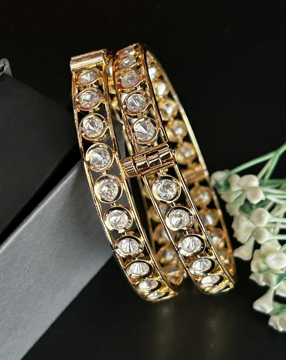 Gold Plated Kundan Openable Bangle Set – Designer Stone Kada for Women