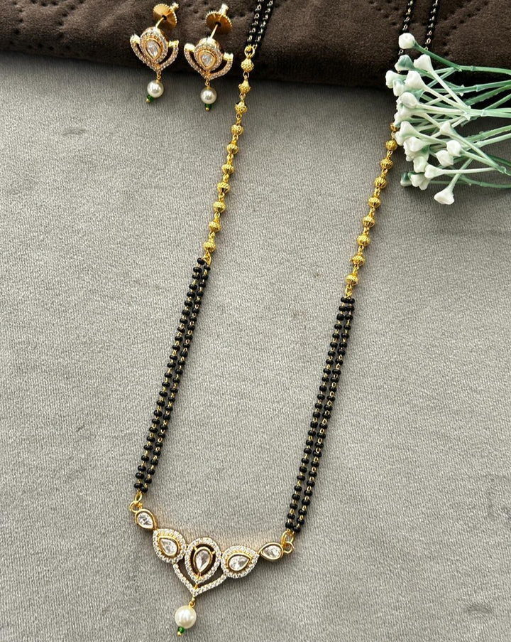 Elegant Diamond Look Mangalsutra Set with Earrings – Gold Finish Pearl Drop Design