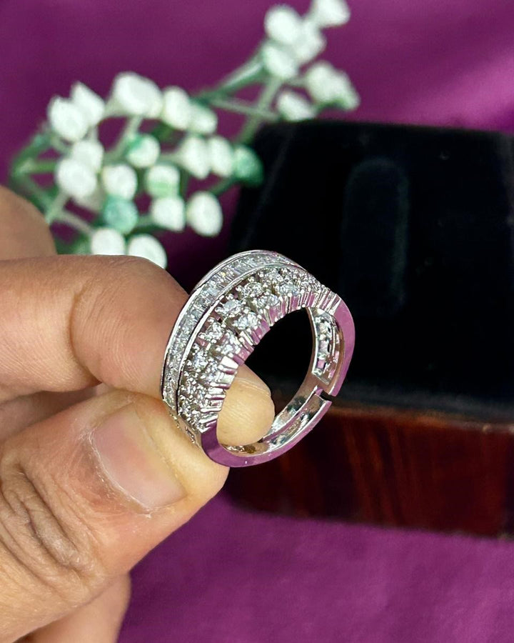 Diamond Style Adjustable Band Ring – Silver Plated Layered Statement Ring