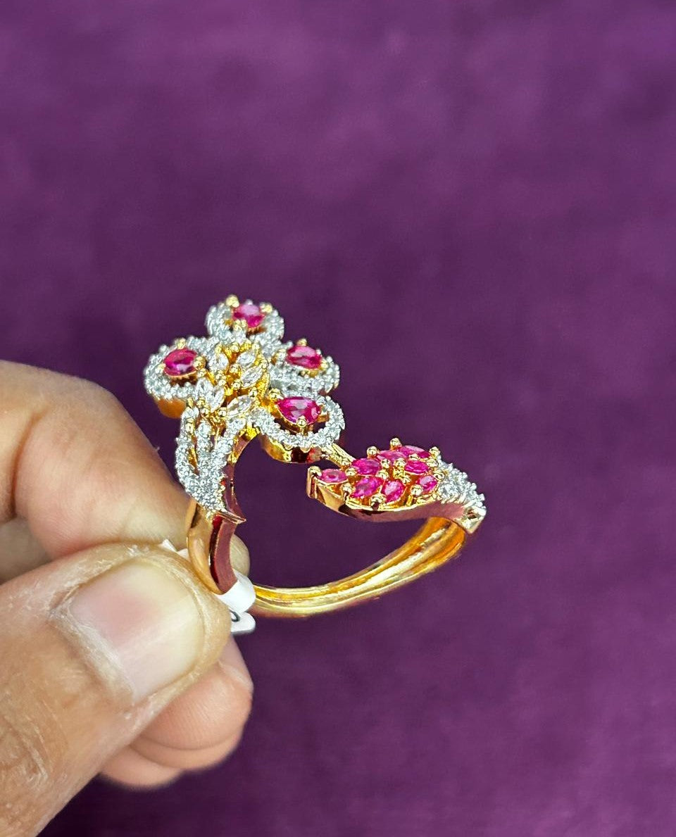 Royal Floral Stone Gold Plated Adjustable Ring (Ruby Red, Diamond White, Emerald Green)