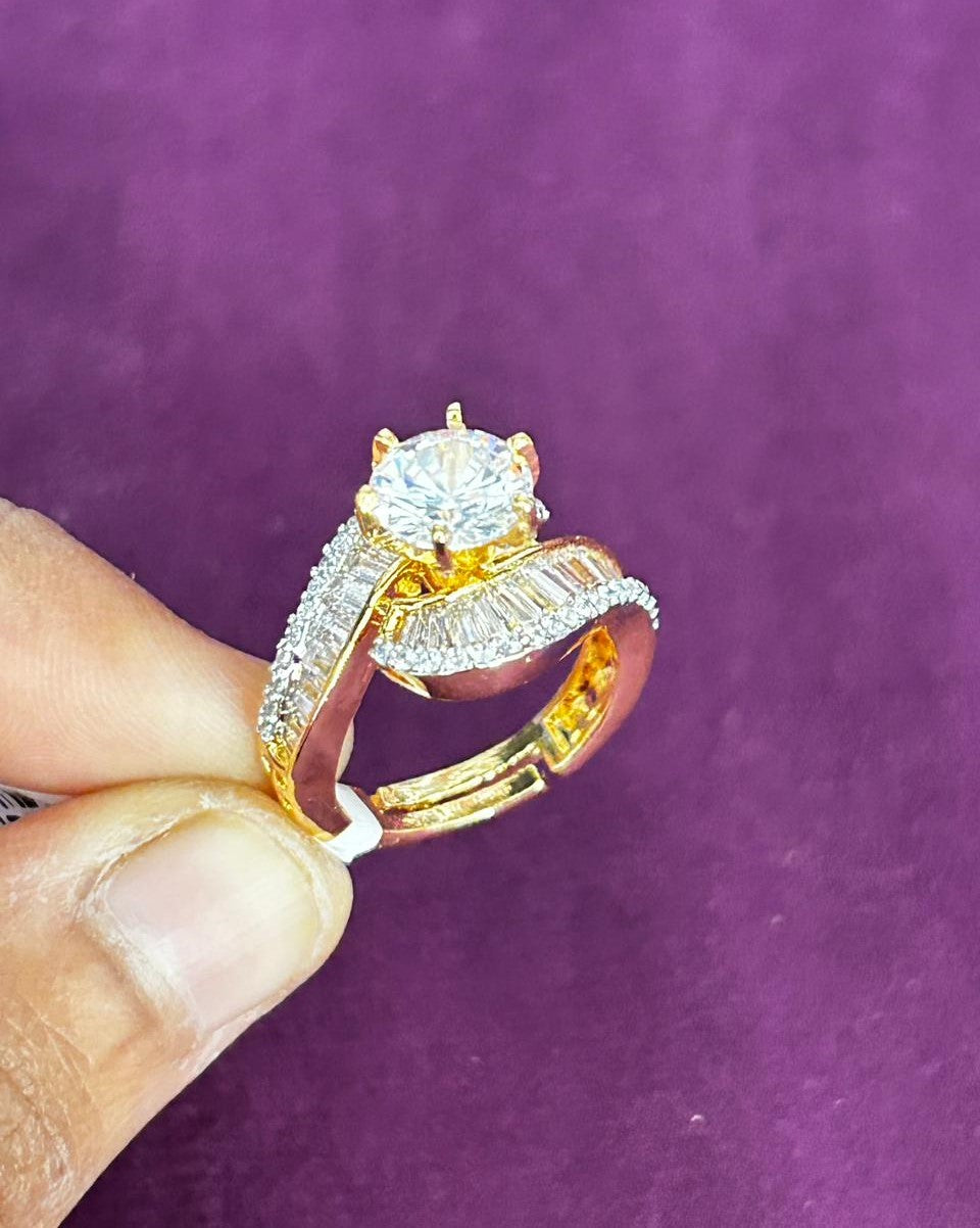 Royal Curve Stone Gold Plated Adjustable Ring (Ruby Red, Diamond White, Emerald Green)
