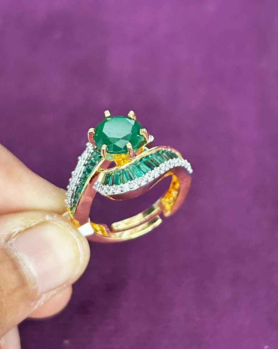 Royal Curve Stone Gold Plated Adjustable Ring (Ruby Red, Diamond White, Emerald Green)
