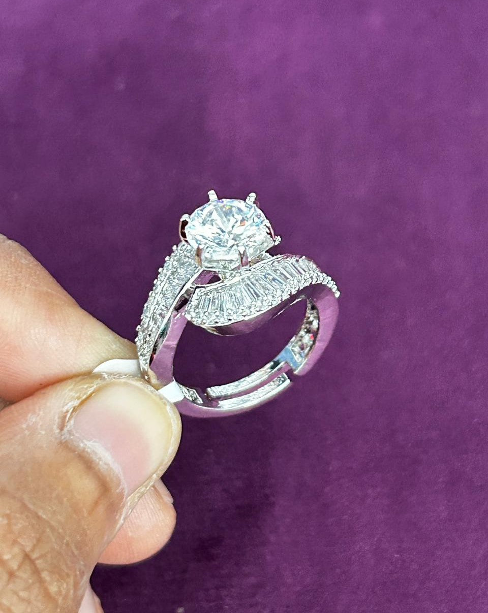 Royal Curve Diamond White Stone Silver Plated Adjustable Ring