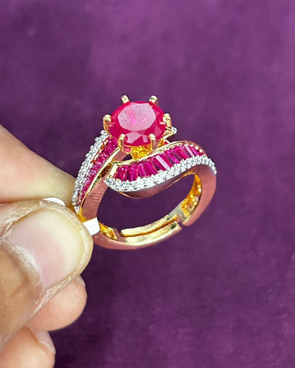 Royal Curve Stone Gold Plated Adjustable Ring (Ruby Red, Diamond White, Emerald Green)