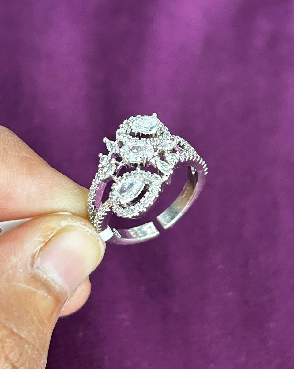Tri Stone Diamond Look Ring Silver Plated Adjustable – White Stone