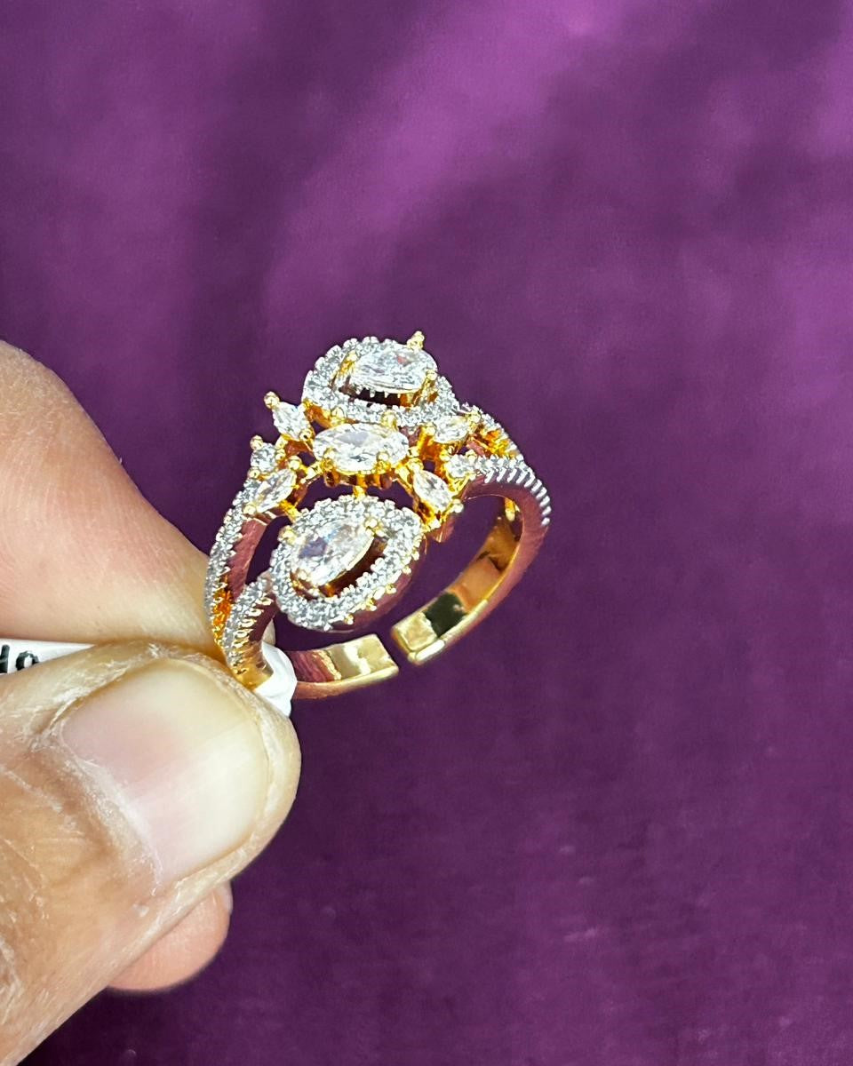 Tri Stone Designer Diamond Ring Gold Plated Adjustable (White / Green / Red)