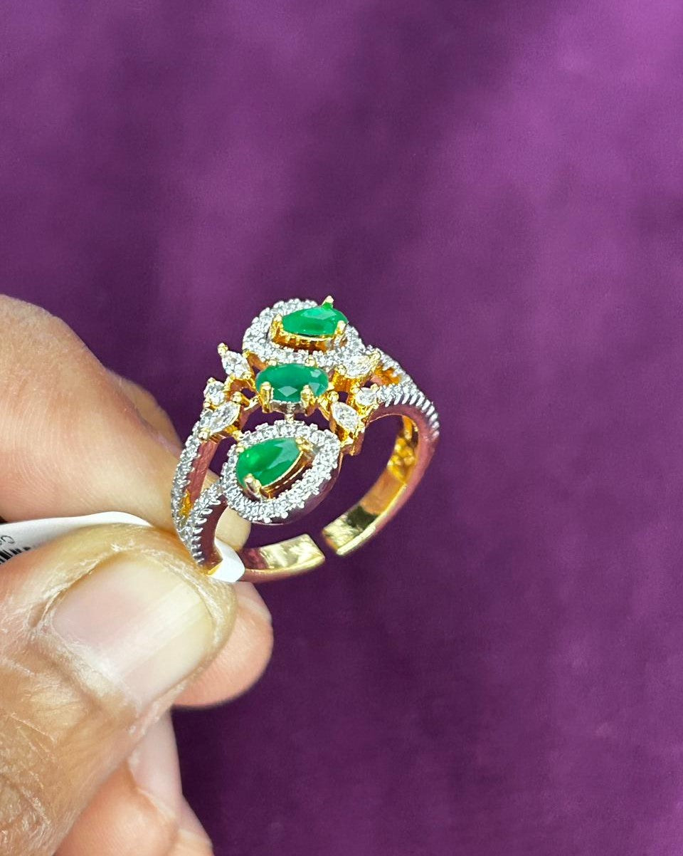 Tri Stone Designer Diamond Ring Gold Plated Adjustable (White / Green / Red)