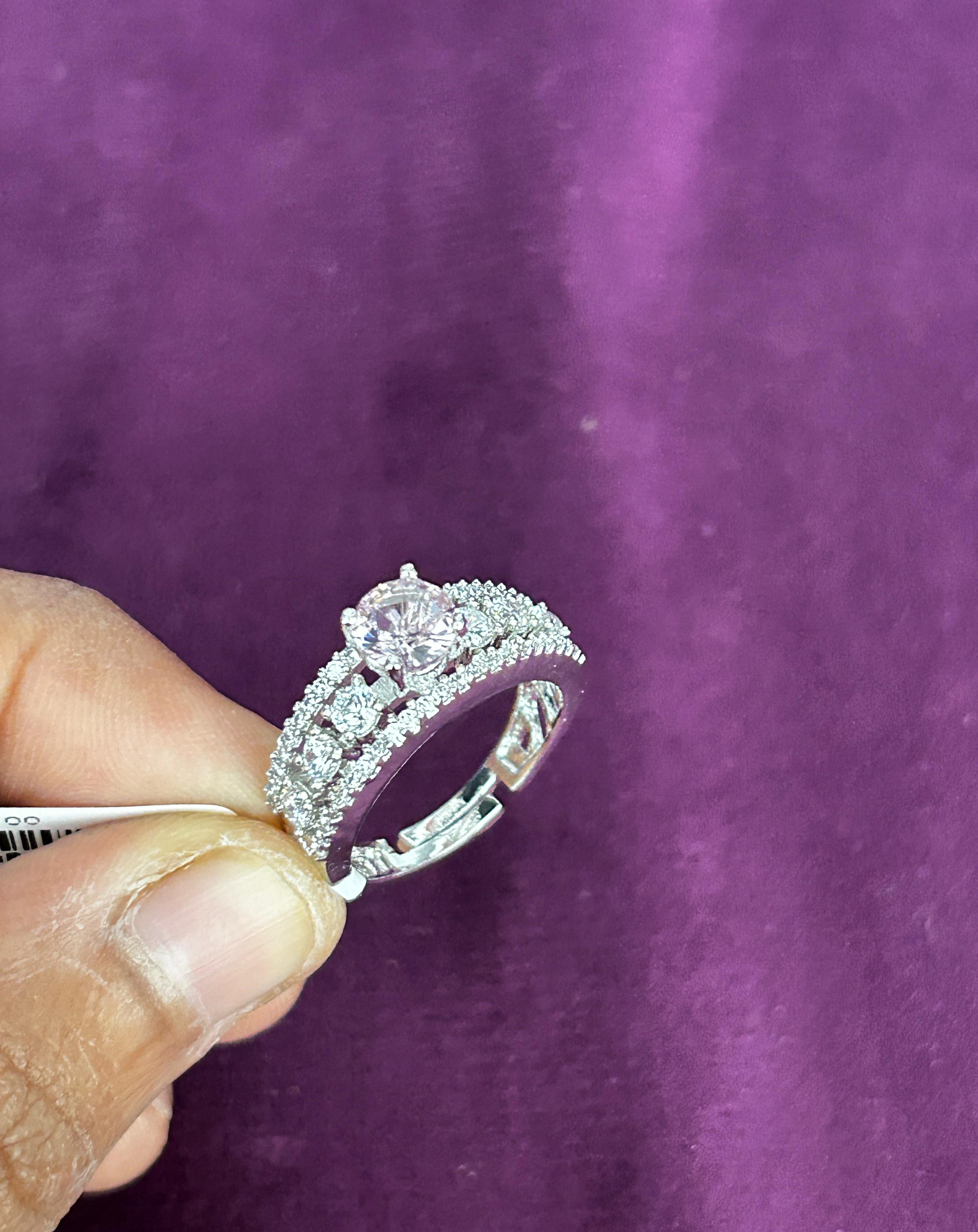 Premium Solitaire Diamond Look Ring Silver Plated Adjustable – 5 Color Variants
