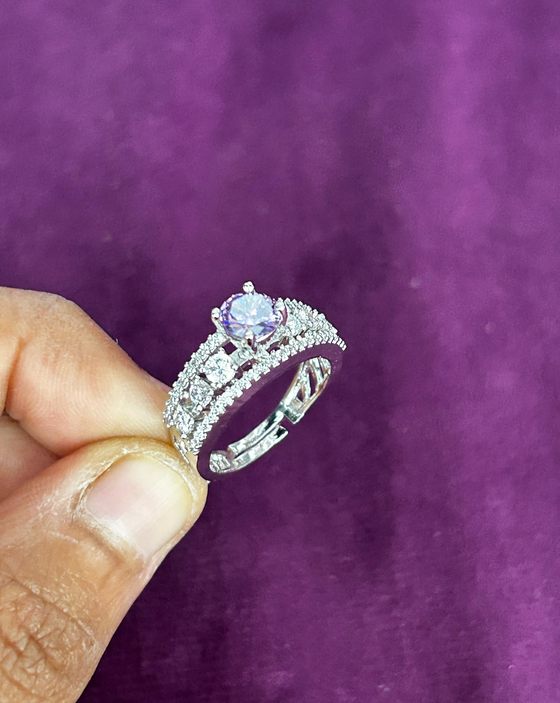 Premium Solitaire Diamond Look Ring Silver Plated Adjustable – 5 Color Variants