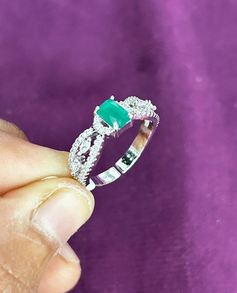 Emerald Cut Diamond Look Ring Silver Plated Adjustable – Red / Green / White Stone