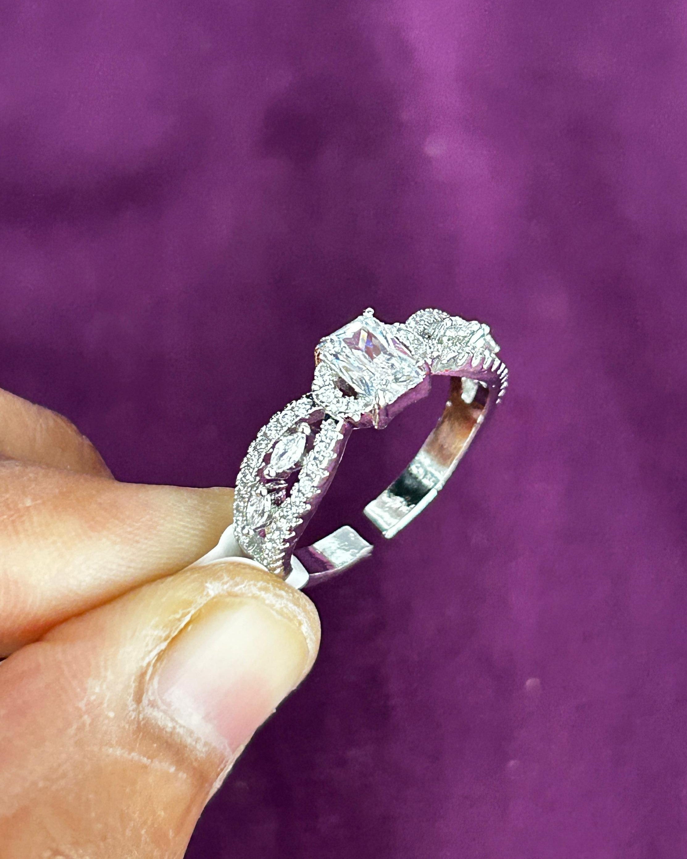 Emerald Cut Diamond Look Ring Silver Plated Adjustable – Red / Green / White Stone