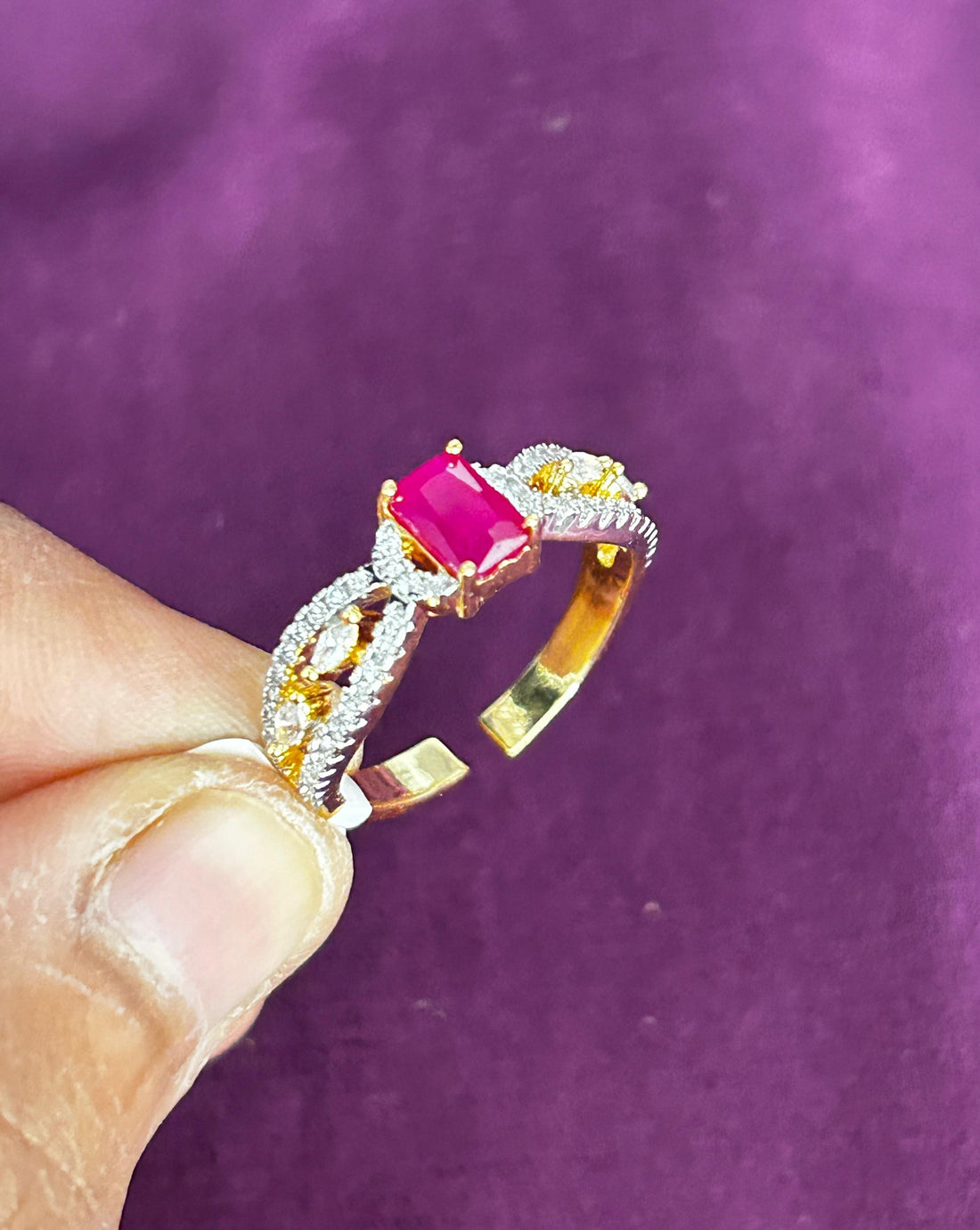 Emerald Cut Stone Designer Ring Gold Plated Adjustable – Red / Green Stone
