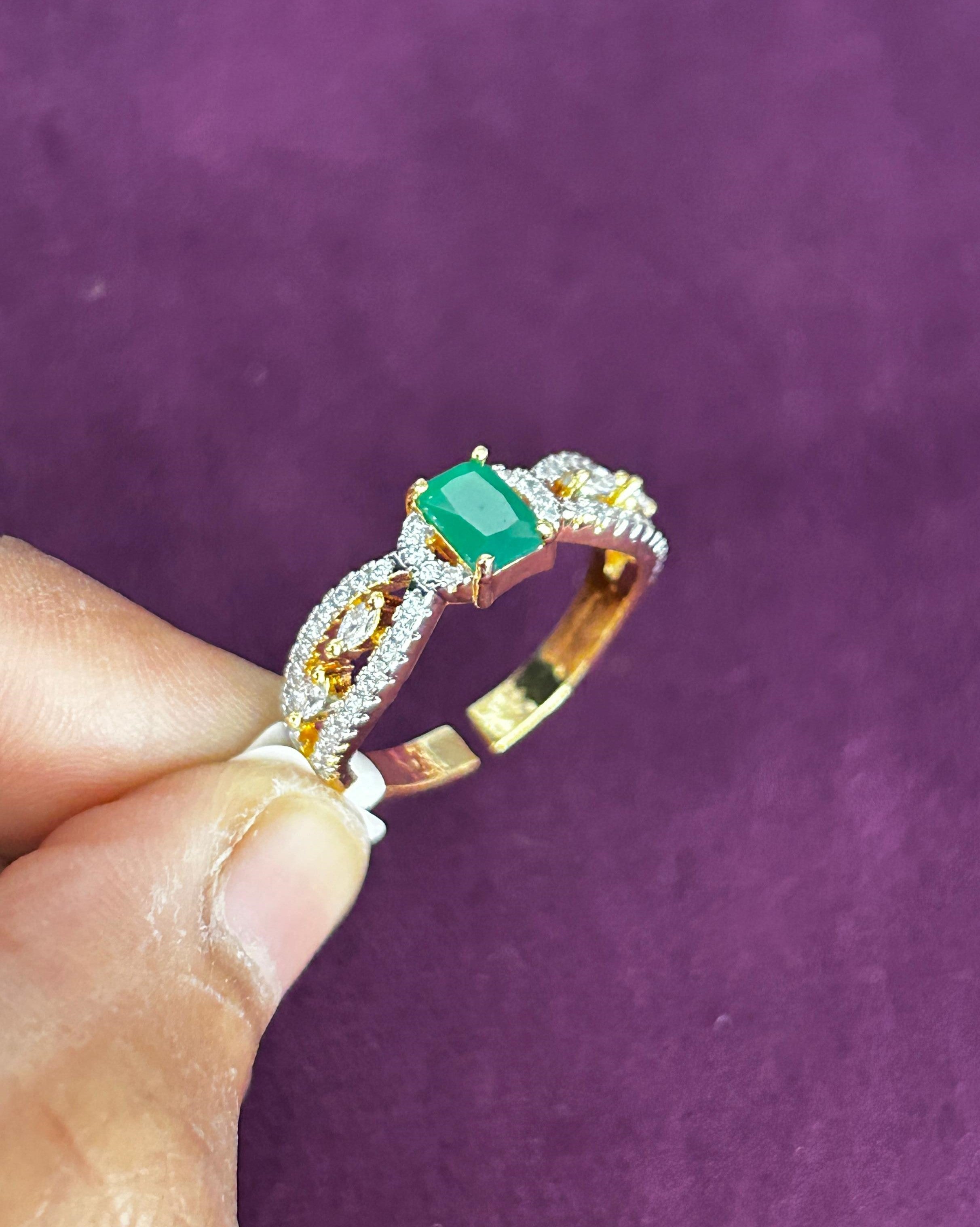 Emerald Cut Stone Designer Ring Gold Plated Adjustable – Red / Green Stone