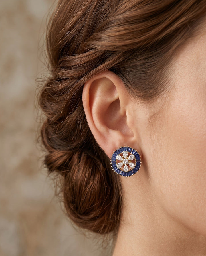 Radiant Round Statement Stud Earrings – Sapphire, Ruby & Emerald Tone Diamond Look