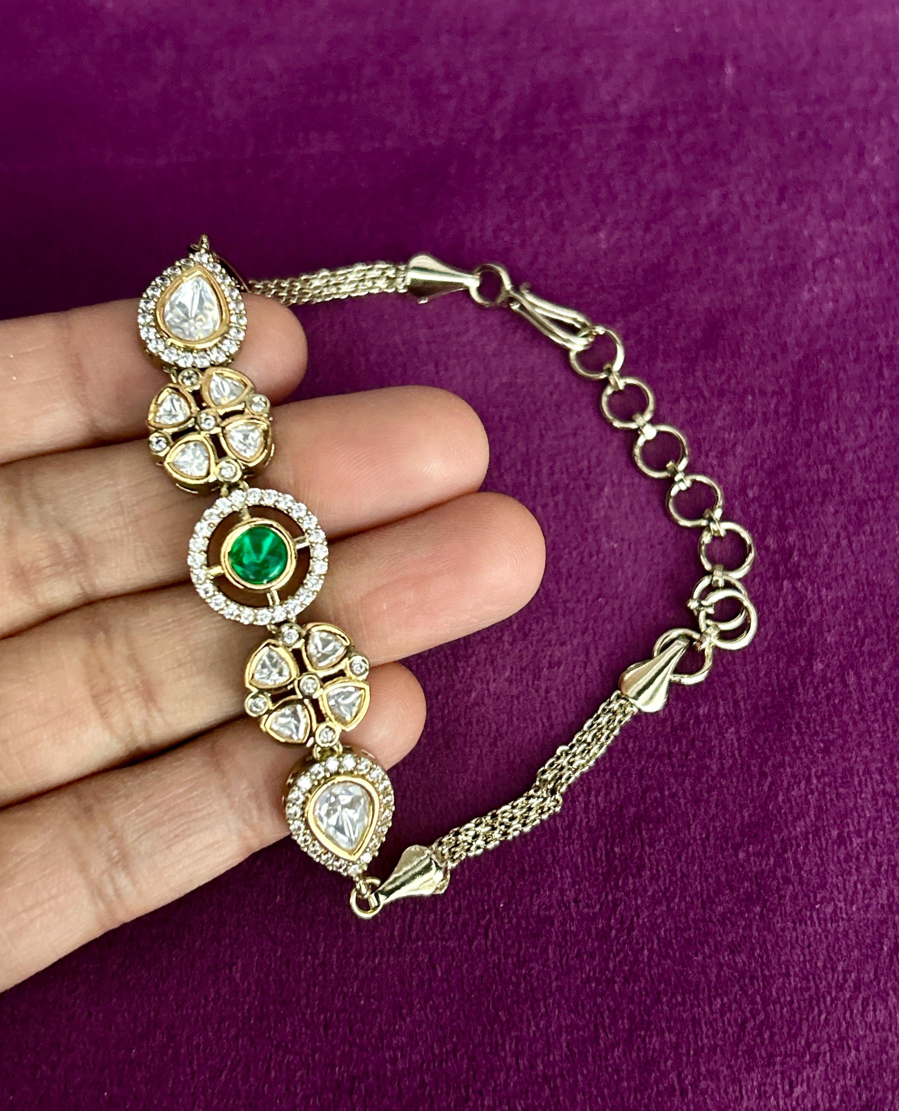 Kundan Statement Bracelet CZ – Green & Ruby Centerpiece - Mehandi Polish