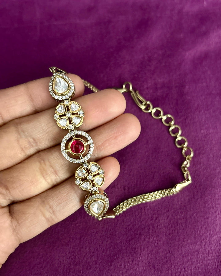Kundan Statement Bracelet CZ – Green & Ruby Centerpiece - Mehandi Polish
