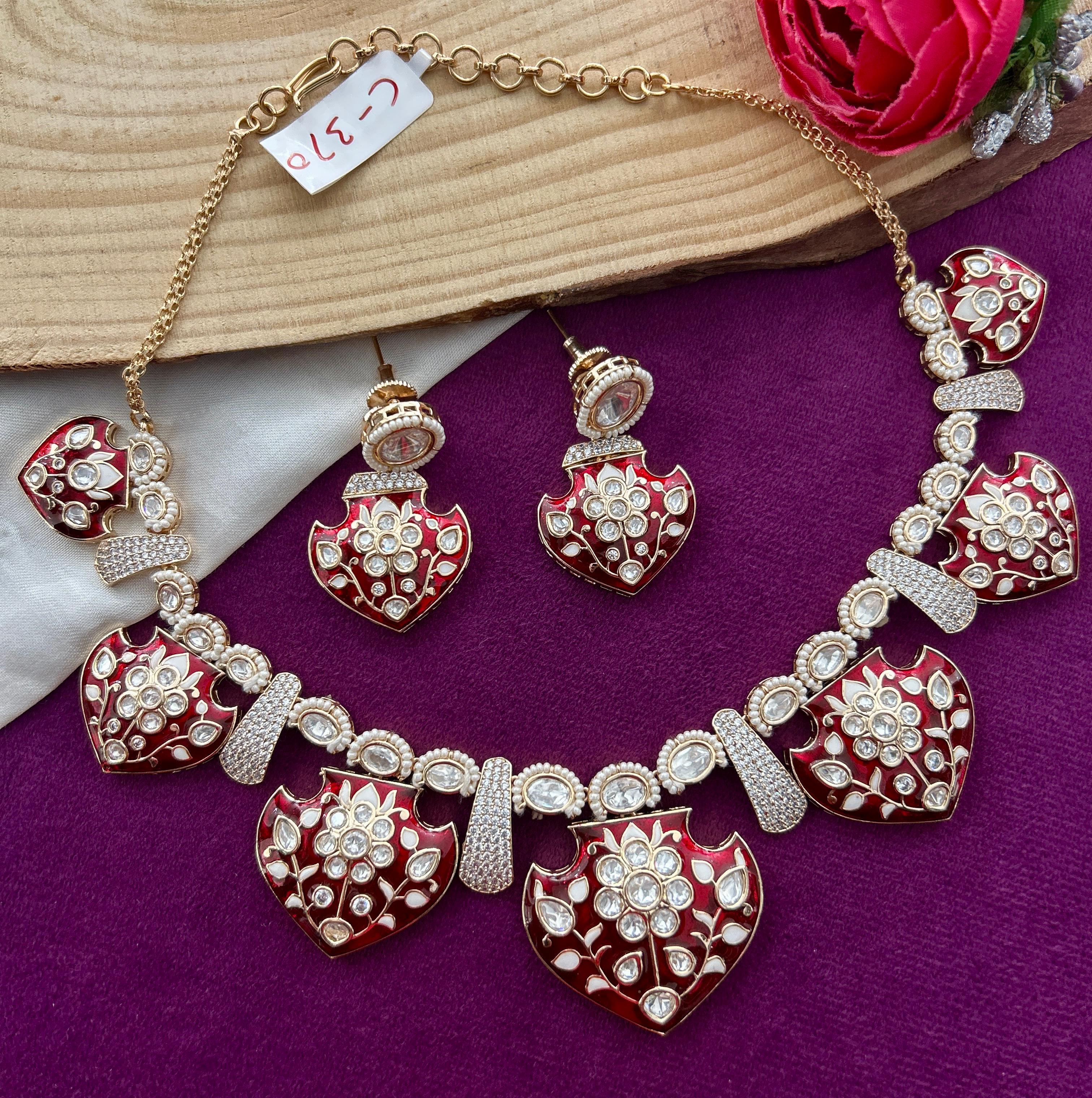 Sitara Red Meenakari Moissanite Necklace Set with Earrings