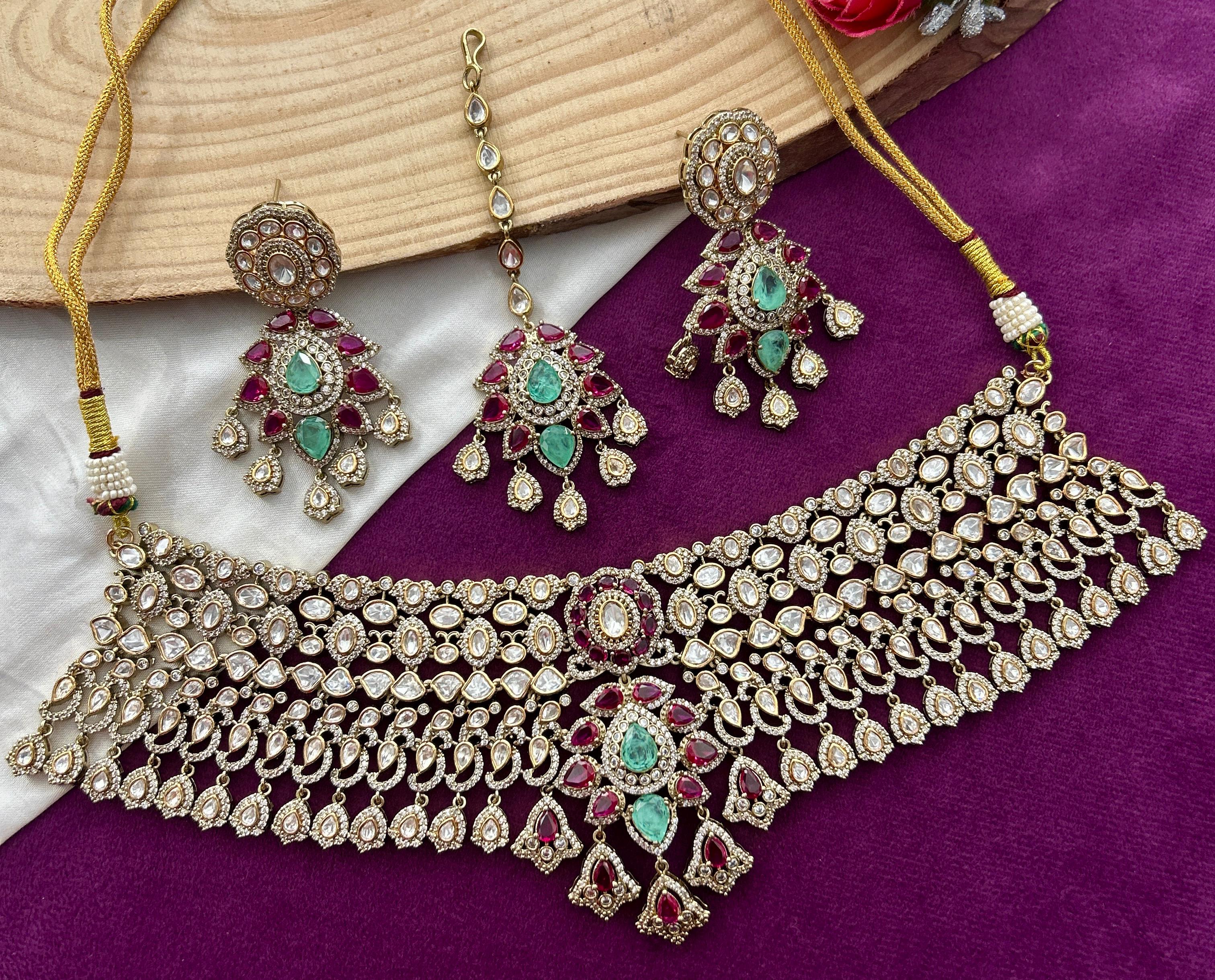 Noorza Ruby Emerald Moissanite Choker Set with Earrings