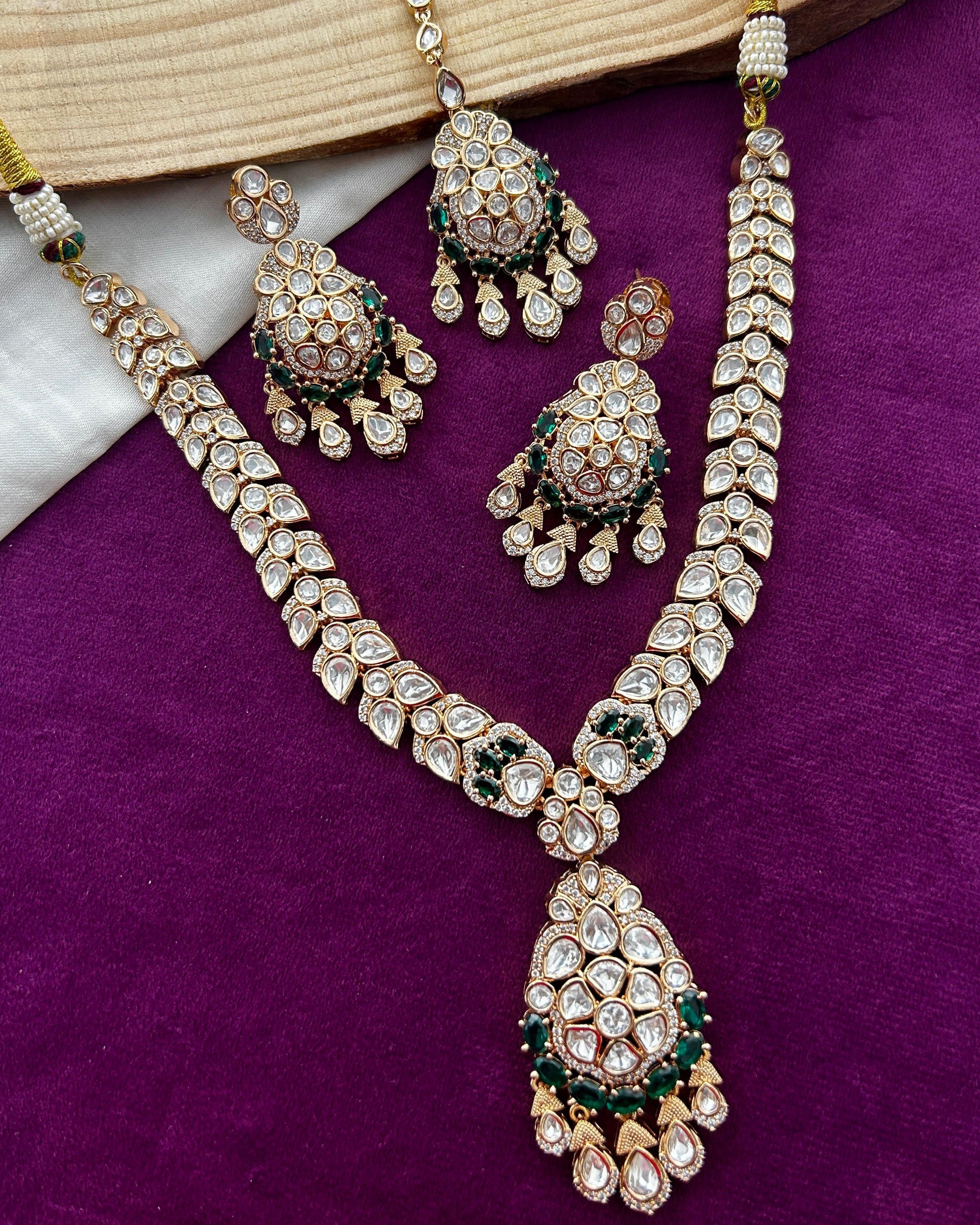 Mahira Emerald Green Moissanite Necklace Set with Earrings
