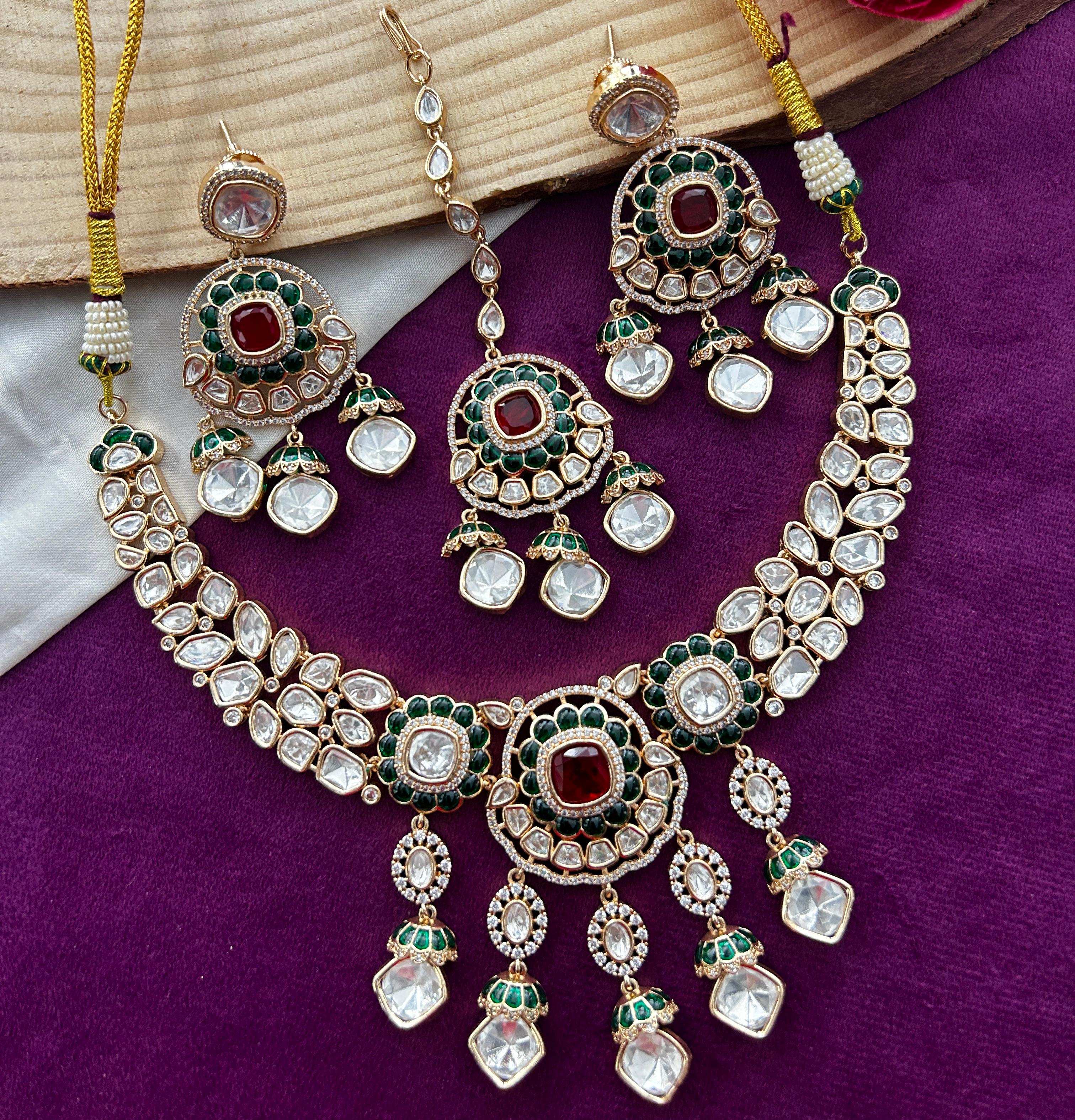 Ruhani Ruby Green Moissanite Necklace Set with Earrings