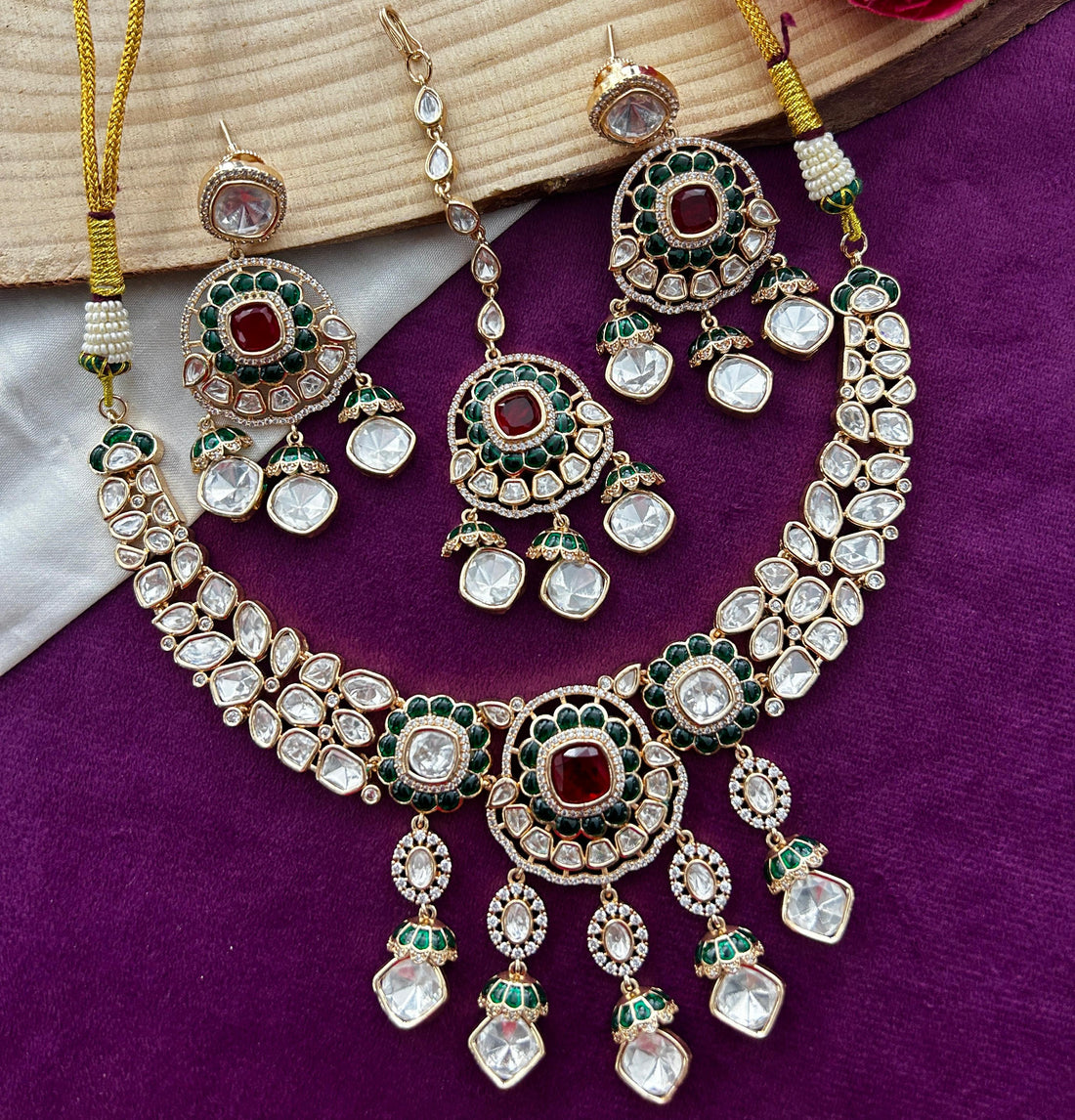 Ruhani Ruby Green Moissanite Necklace Set with Earrings