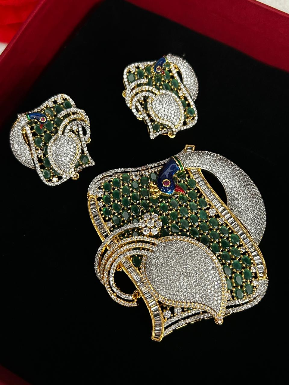 Mayurika Ruby American Diamond Peacock Pendant Set