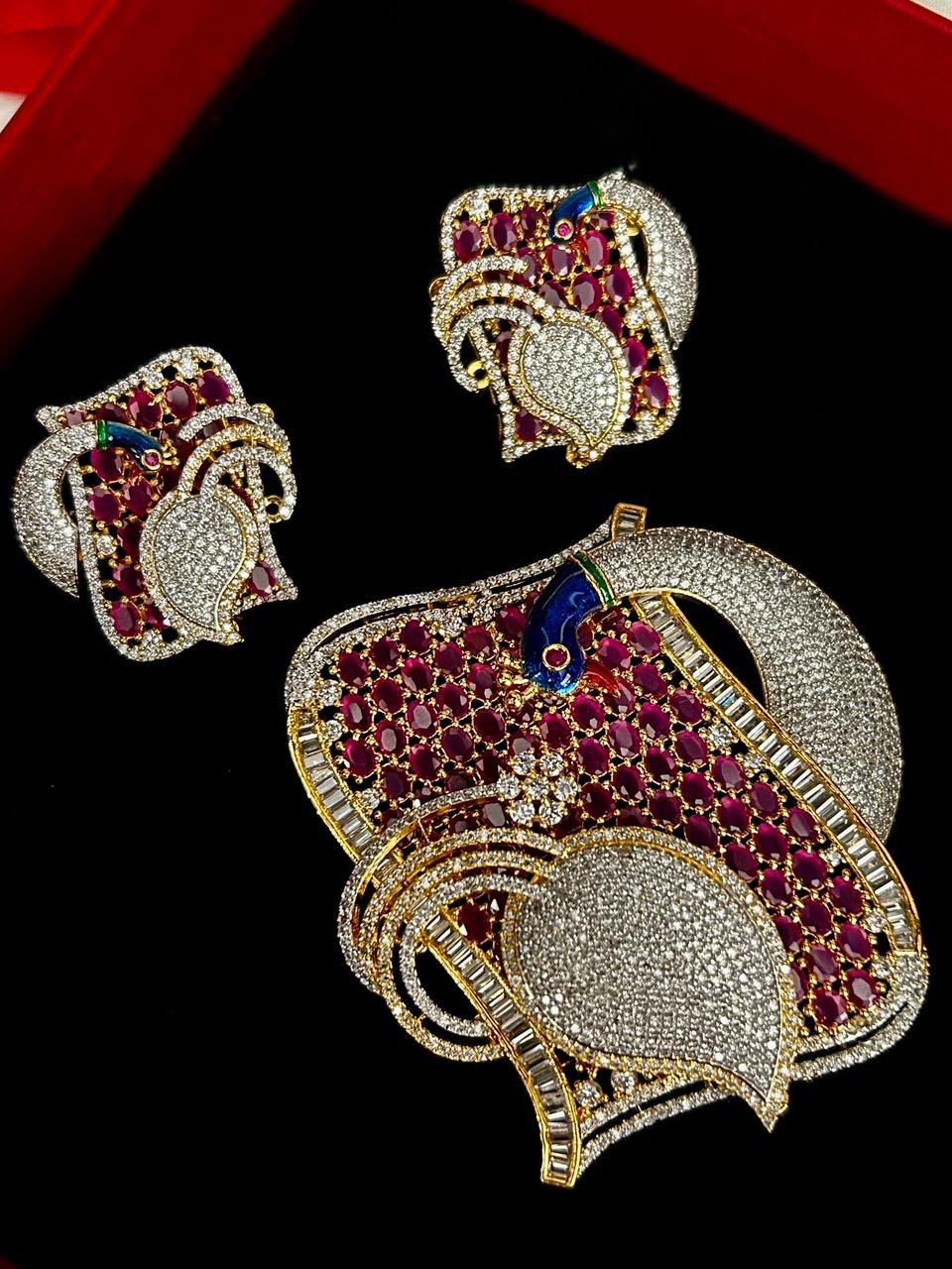 Mayurika Ruby American Diamond Peacock Pendant Set