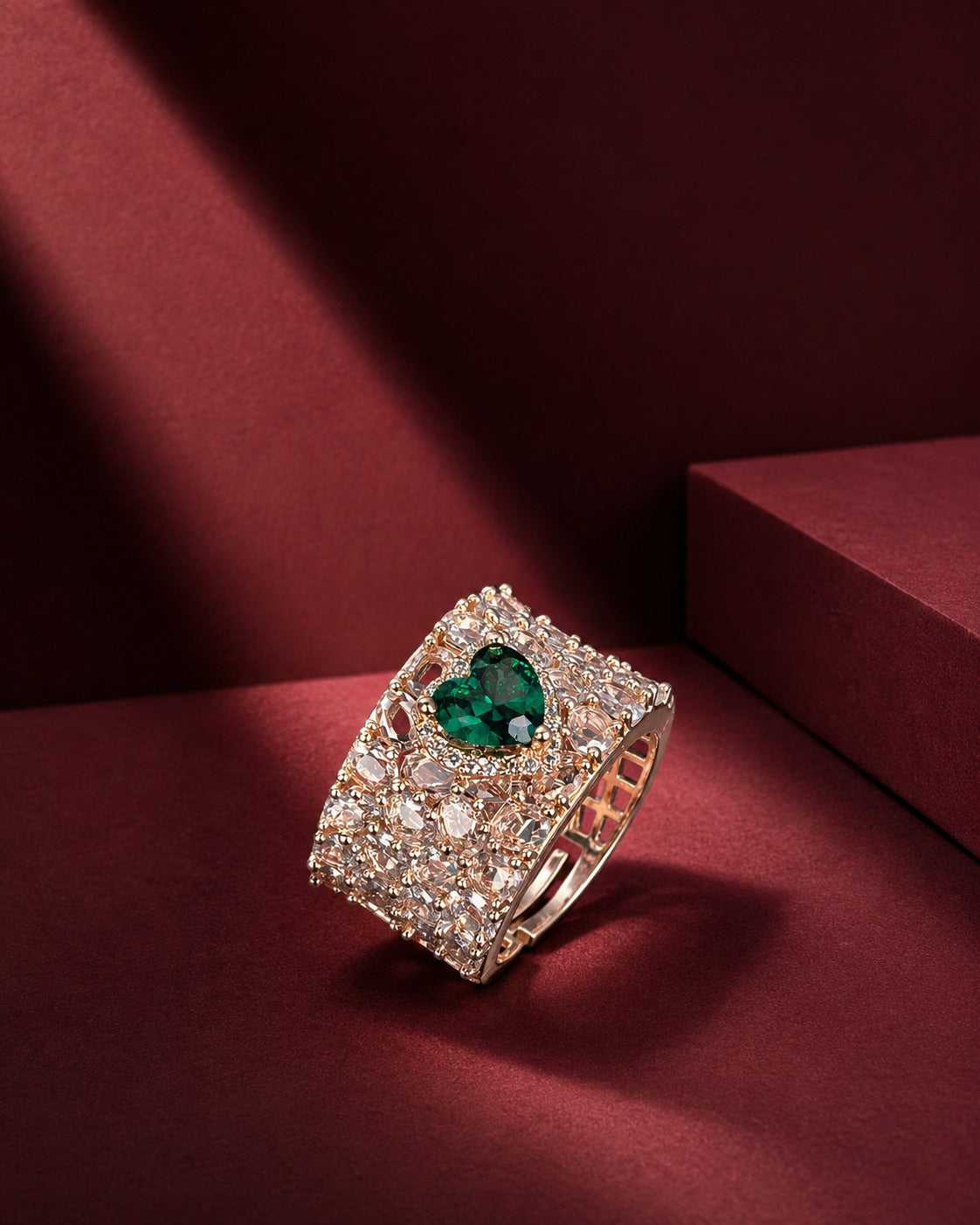 Emerald Royale Luxe Heart Shape Adjustable Cocktail Ring – Crystal White & Ruby Pink Variants
