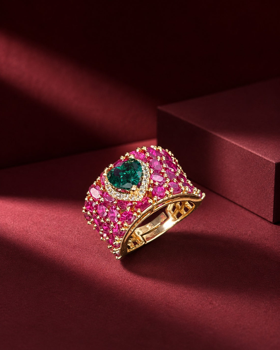 Emerald Royale Luxe Heart Shape Adjustable Cocktail Ring – Crystal White & Ruby Pink Variants