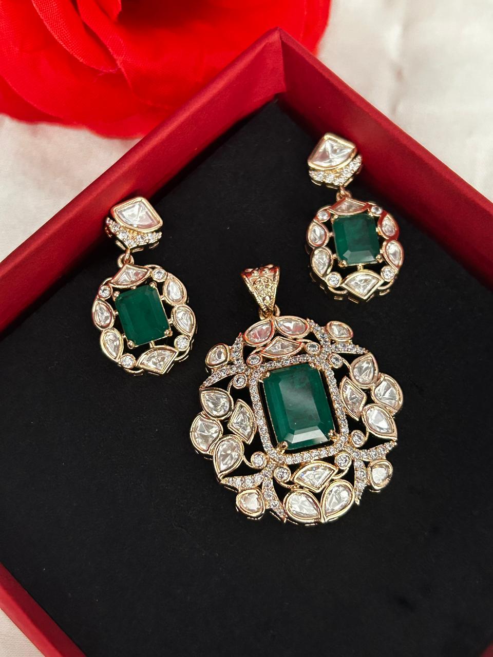 Marakata Noor Pendant Set – Emerald Green Moissanite Designer Jewellery Set
