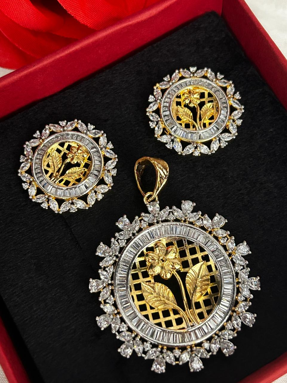 Pushpika Floral Diamond Pendant Set with Stud Earrings