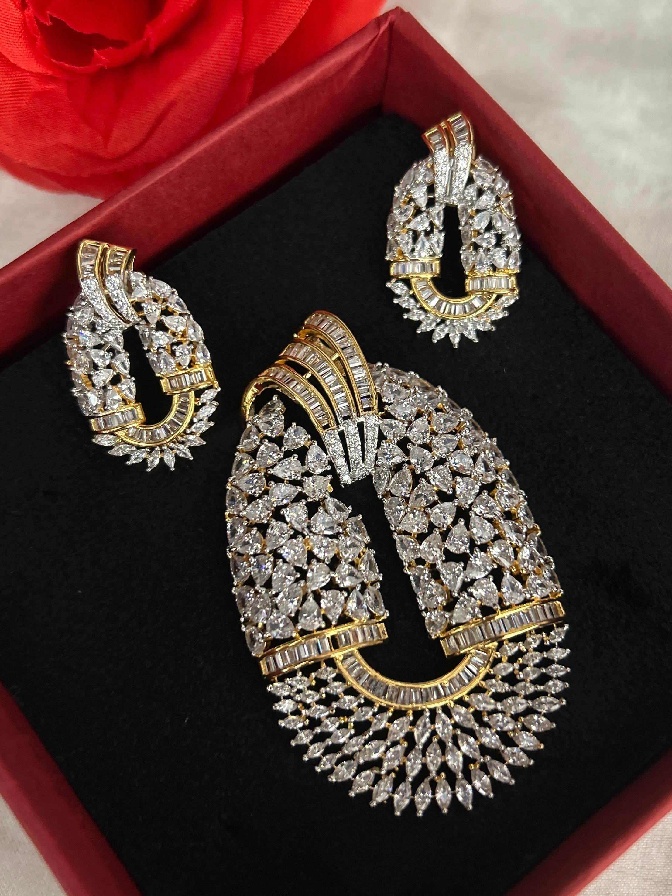 Zarvisha Diamond Pendant Set with Screw Back Earrings