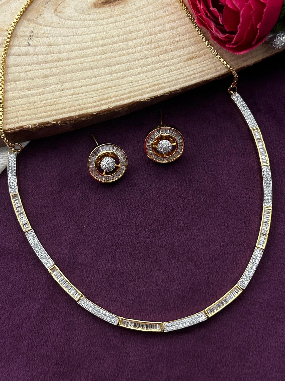 Aarunya Luxe Diamond Line Necklace Set with Stud Earrings