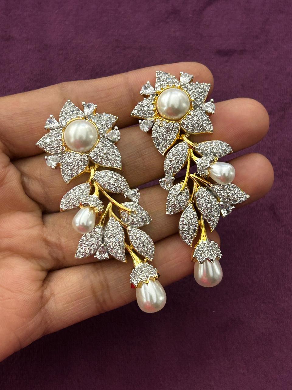 Vaanya Pearl Floral Necklace Set with Screw Back Earrings