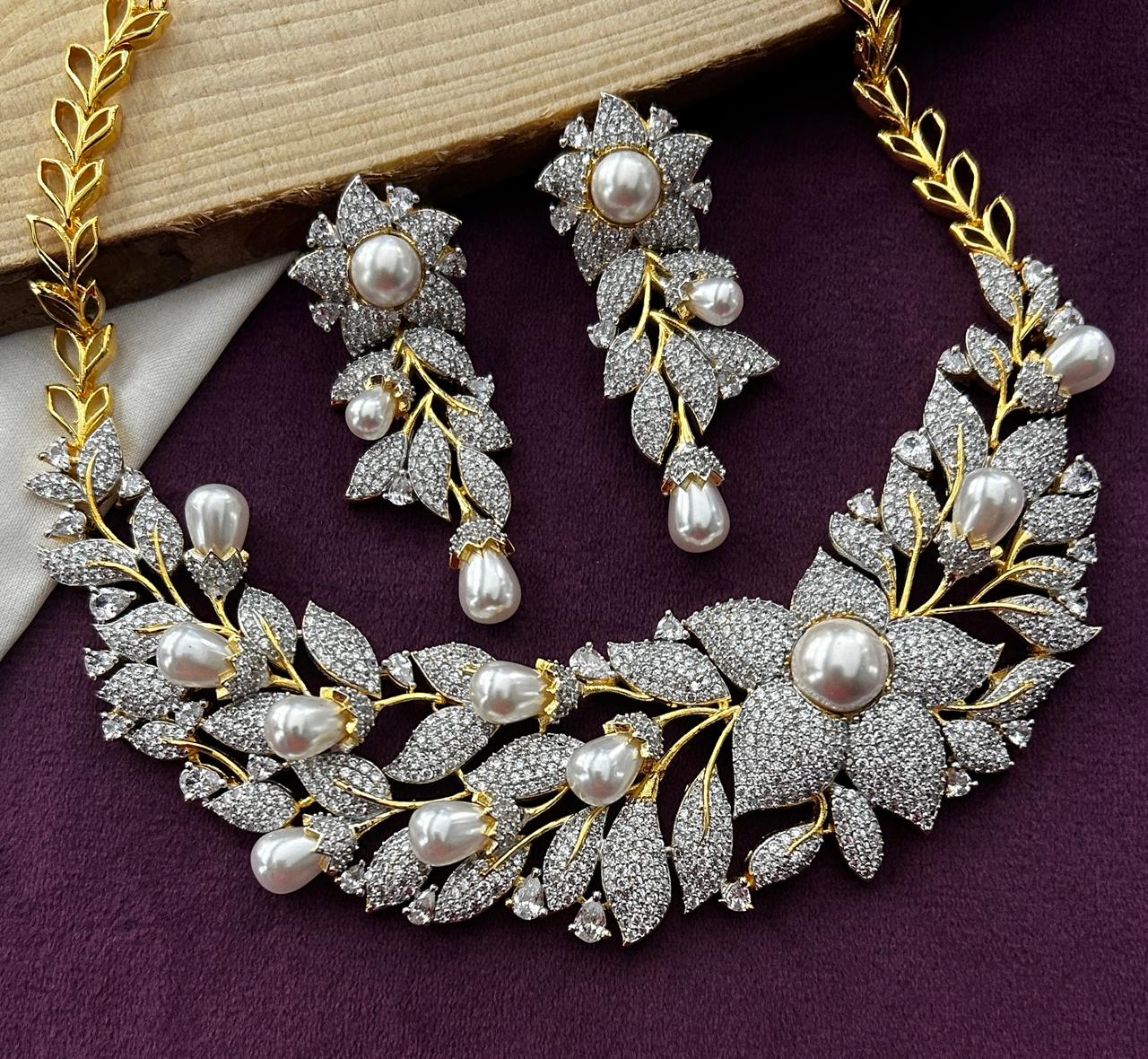 Vaanya Pearl Floral Necklace Set with Screw Back Earrings