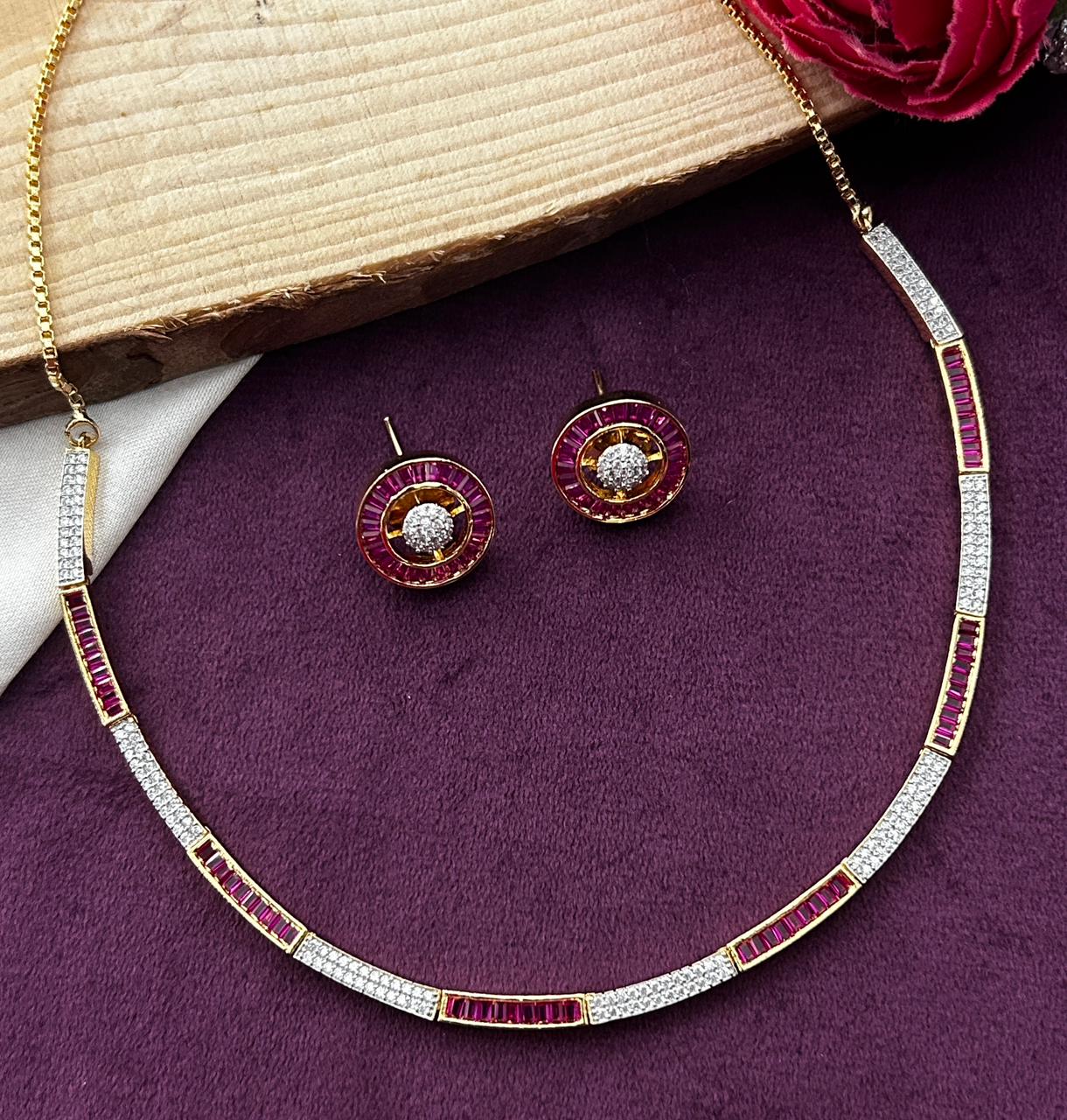 Aarunya Luxe Diamond Line Necklace Set with Stud Earrings
