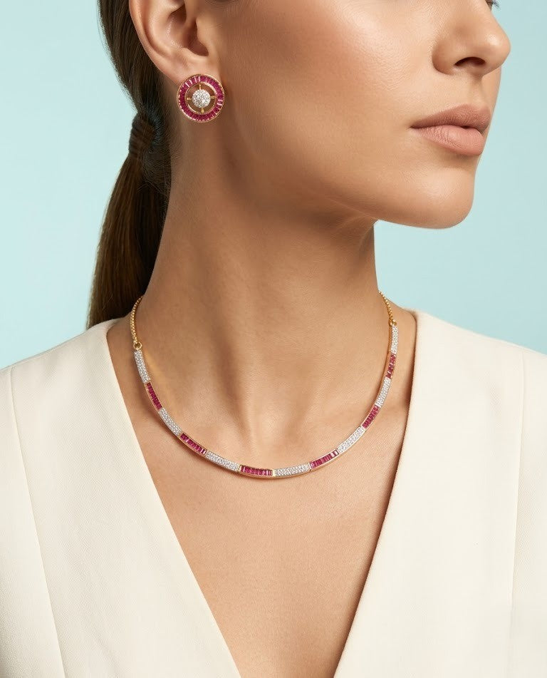 Aarunya Luxe Diamond Line Necklace Set with Stud Earrings